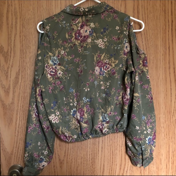 Floral Flower Open Shoulder Blouse Button Down Top - Picture 7 of 7